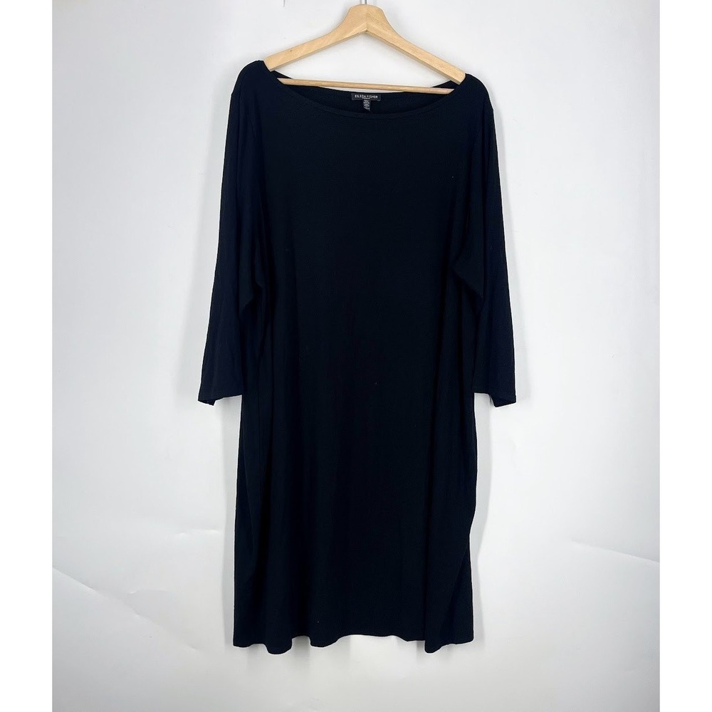 Eileen Fisher Woman Black Viscose Jersey‎ 3/4 Sleeve Boat Neck Shift Dress 3X